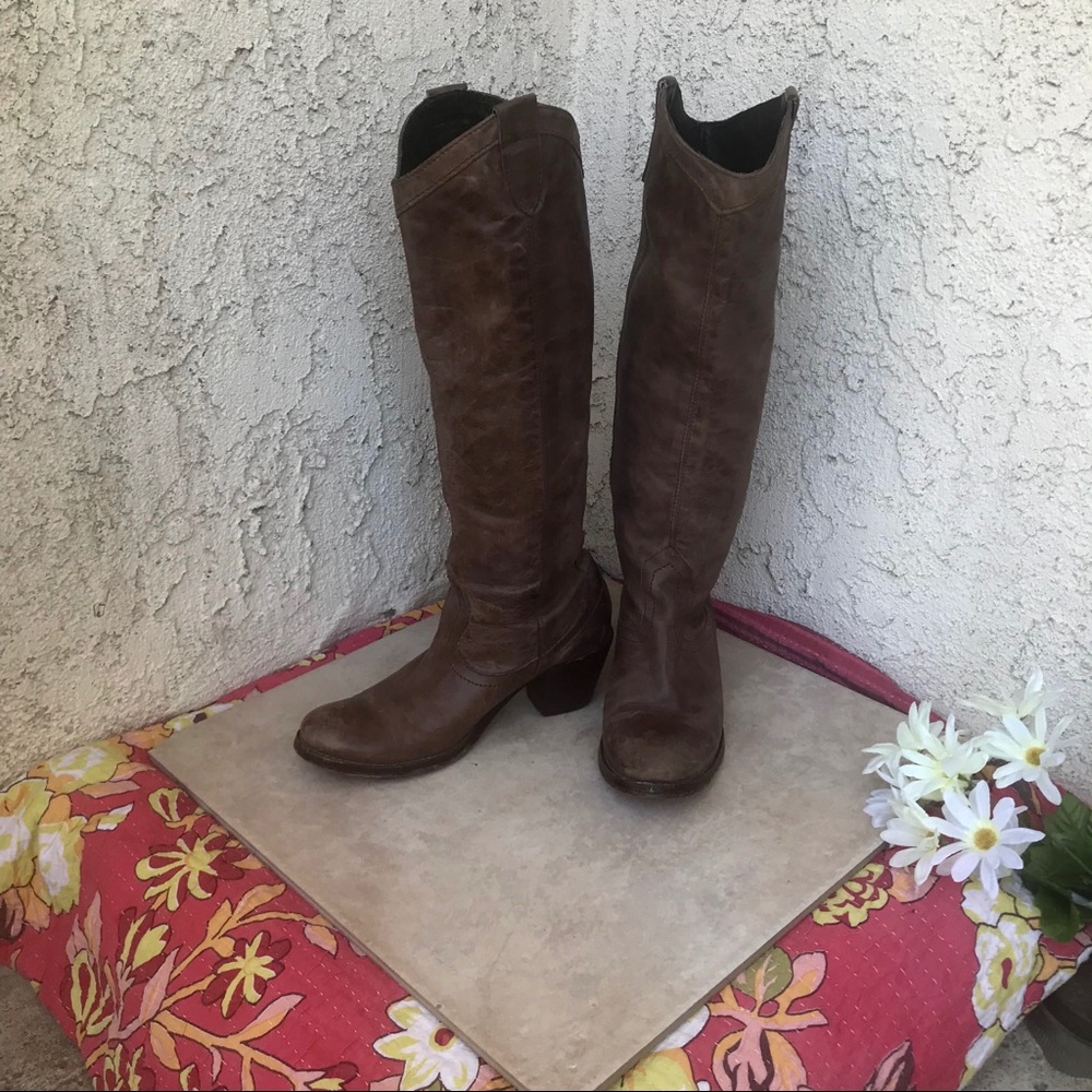 Knee Length Heeled Weathered Cowboy Boots